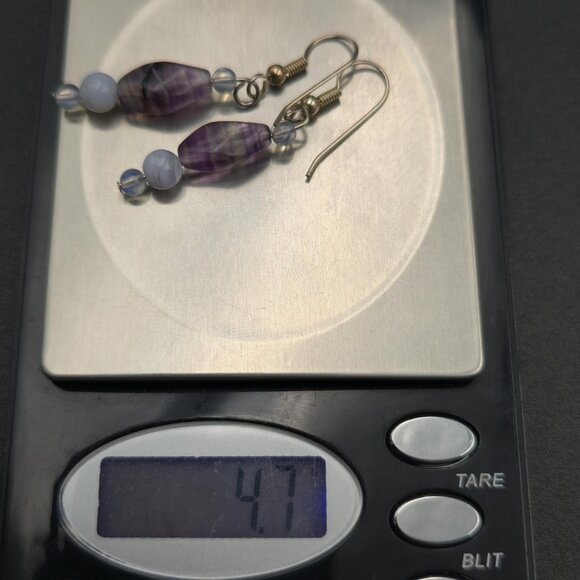 Silver Plated Fluorite And Agate Stones Dangle Earrings A6482 - Picture 5 of 5